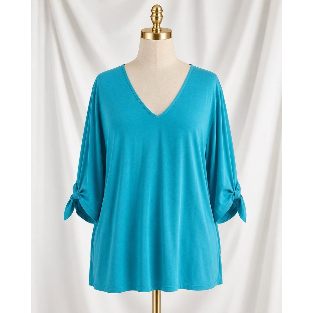 Susan‎ Graver Liquid Knit Elbow Tie Sleeve Fit & Flare Top Aruba Teal Size 3X